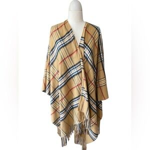 V Fraas Nova Check Camel Plaid Scarf Wrap Poncho with Fringe